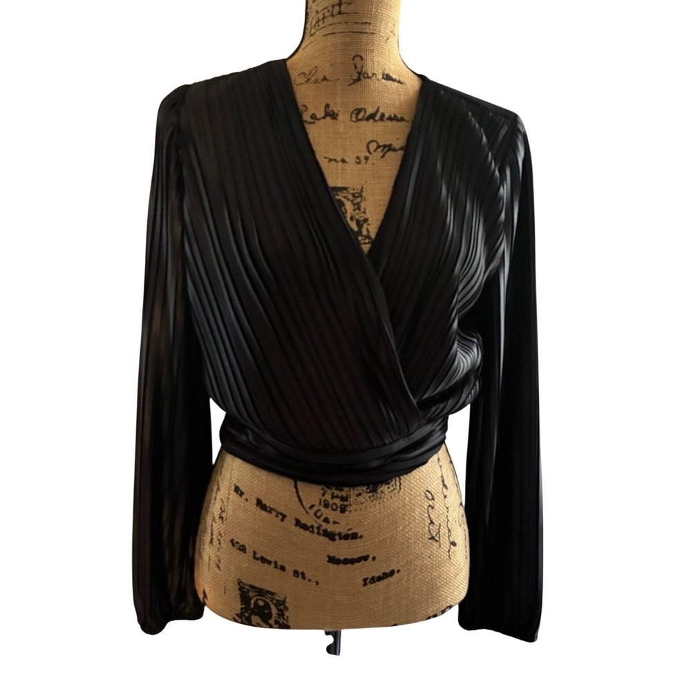(CL) Japna Black Pleated Surplice Balloon Sleeve Blouse Small RN115596